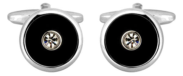 Round Black with Centre Crystal Rhodium Plated Cufflinks by Dalaco