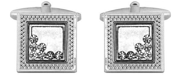 Square Patterned Edge with Moving Crystals Rhodium Plated Cufflinks by Dalaco