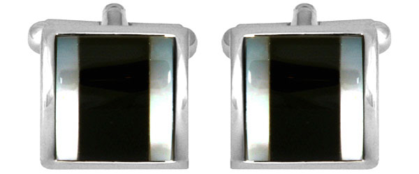 Onyx with Mother of Pearl Bands Curved Rhodium Plated Cufflinks by Dalaco
