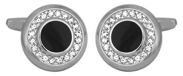 Ring of Clear Crystals with Black Acrylic Centre Rhodium Plated Cufflinks by Dalaco
