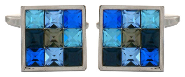 9 Crystals in shades of Blue Square Set Rhodium Plated Cufflinks by Dalaco
