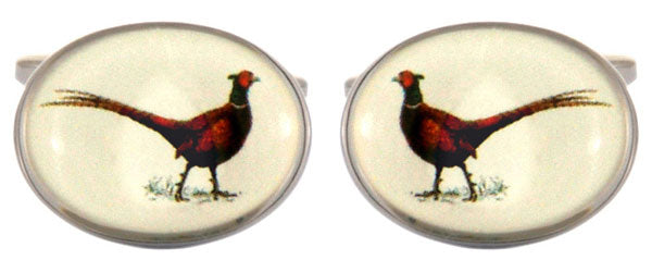 Pheasant Oval Rhodium Plated Cufflinks by Dalaco