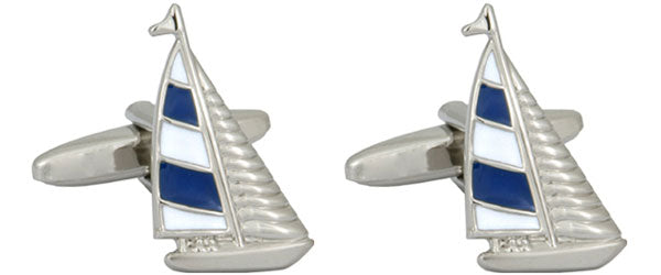Blue and White Yacht Rhodium Plated Cufflinks by Dalaco