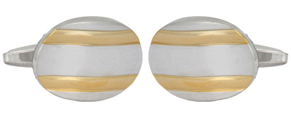 Rhodium Plated Oval Cufflinks with Curved Face and Gold Plated Lines by Dalaco