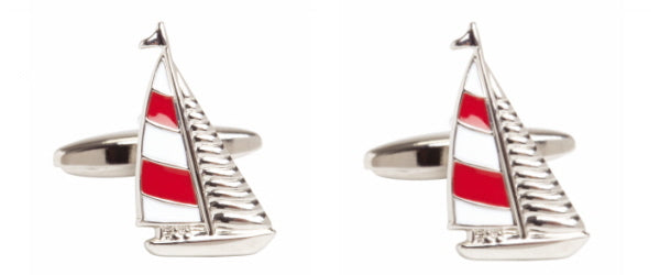 Red and White Yacht Rhodium Plated Cufflinks by Dalaco