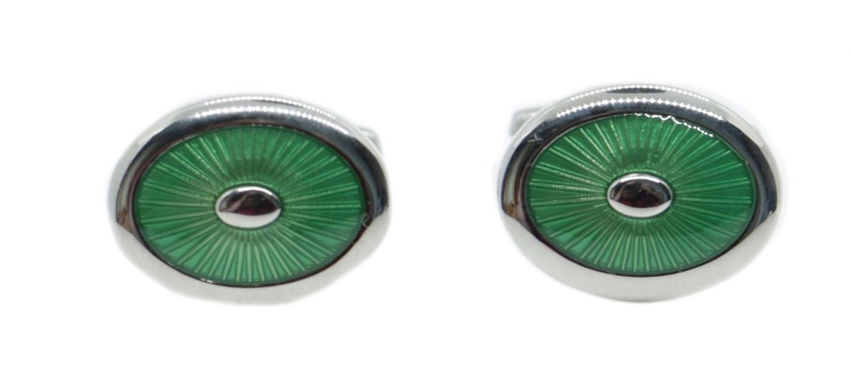 Green Enamel Oval Rhodium Plate Cufflinks by Dalaco
