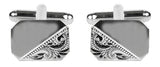 Rectangle Cut Corners Engraved Design Rhodium Plate Cufflinks by Dalaco