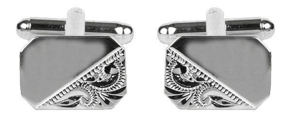 Rectangle Cut Corners Engraved Design Rhodium Plate Cufflinks by Dalaco