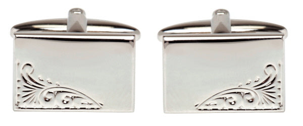 Rectangular Engraved Leaf Design Rhodium Plate Cufflinks by Dalaco