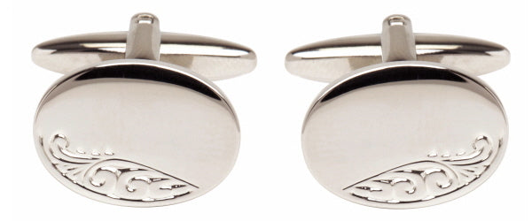 Oval Engraved Leaf Design Rhodium Plate Cufflinks by Dalaco