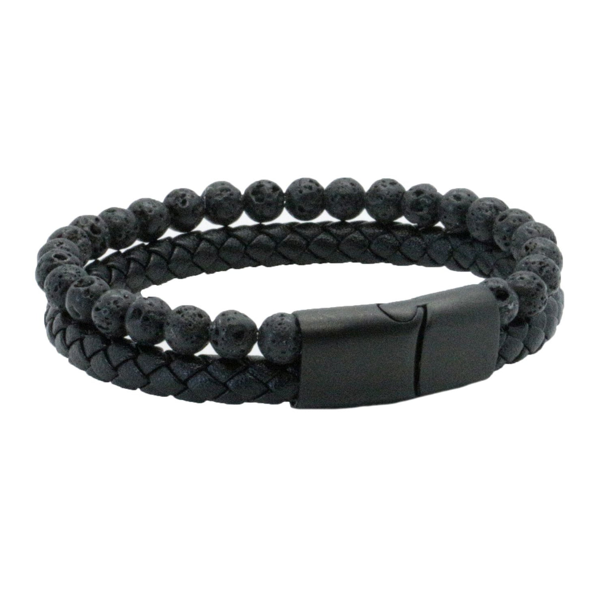 Black Leather Bracelet with Black Beads & Clasp by Dalaco