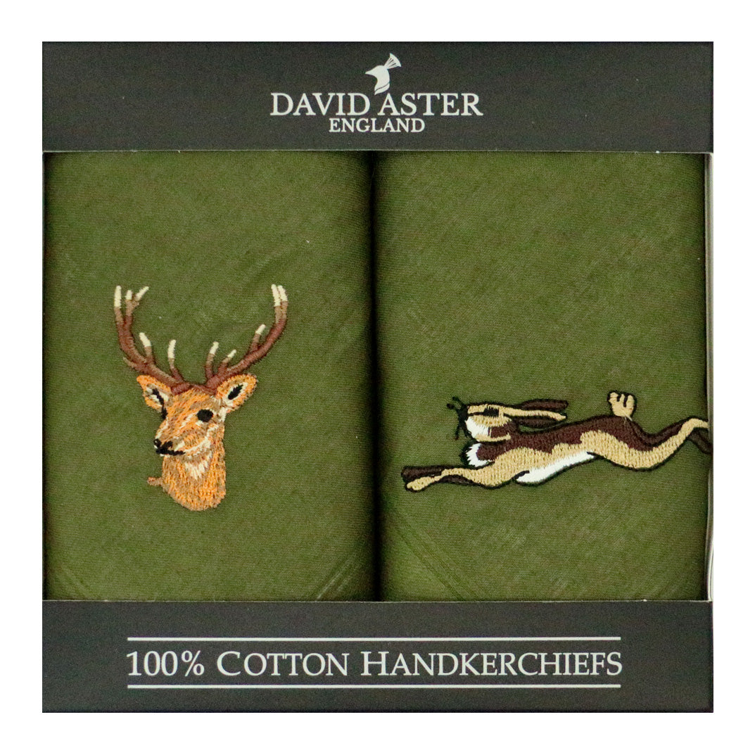 Stag & Hare Embroidered Green Cotton Handkerchiefs by Dalaco