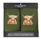 Highland Cow Embroidered Green Cotton Handkerchiefs by Dalaco