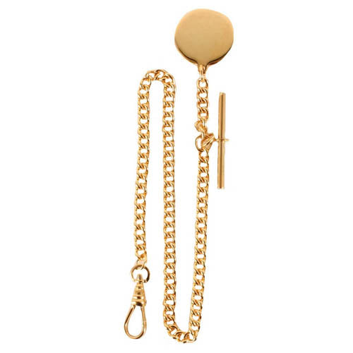 Gold plate Single Albert T Bar chain with Engravable Fob by Dalaco