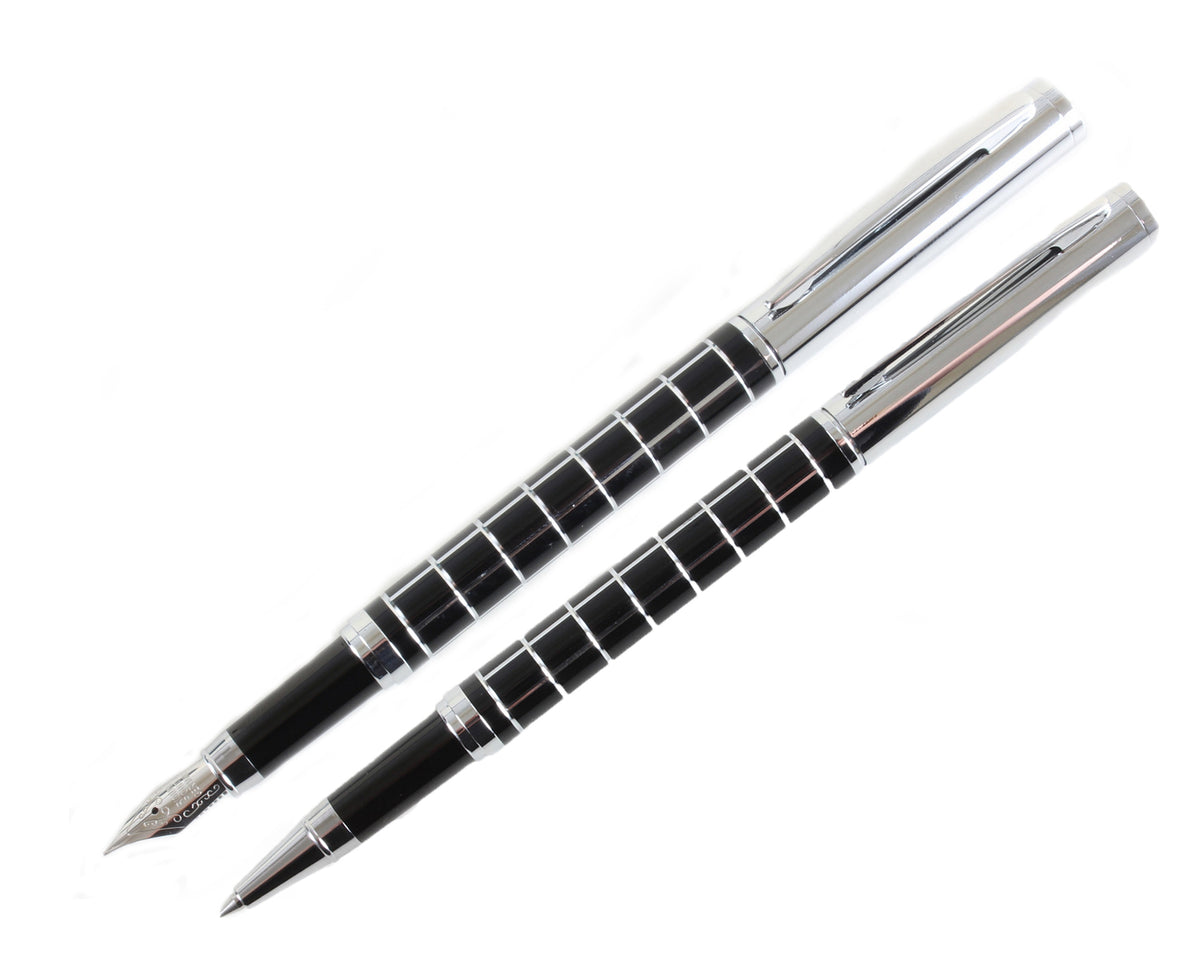 Black & Chrome Checker Fountain & Rollerball Pen Set by Dalaco
