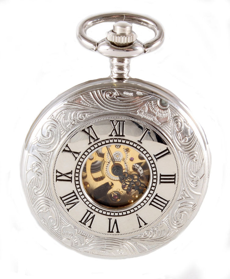 Silver Half Hunter Mechanical Pocket Watch with Plain Back by Dalaco