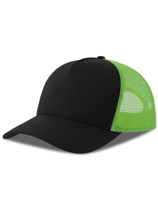 Atlantis Rapper Cotton S 5 Panel Sustainable Trucker Cap ACRPCT - Black/Safety Green