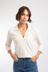 Weird Fish Annare 3/4 Sleeve Jersey Trophy Neck Top in Eggnog