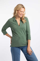 Weird Fish Annare 3/4 Sleeve Jersey Trophy Neck Top in Military Green