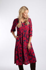 Weird Fish Gardot Printed Midi Dress in Cranberry