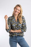 Weird Fish Brooke Printed V Neck Jersey Top in Aqua blue