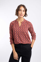 Weird Fish Brooke Printed V Neck Jersey Top in Brick Orange