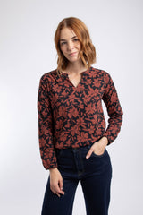 Weird Fish Brooke Printed V Neck Jersey Top in Conker