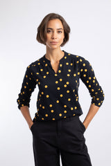 Weird Fish Brooke Printed V Neck Jersey Top in Insignia Blue