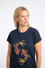 Weird Fish Fern Koi Carp Front Print Cotton Graphic T-Shirt in Navy