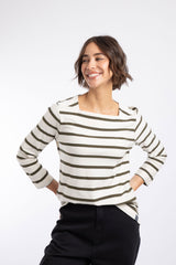 Weird Fish Saffira Cotton Jersey Stripe Top in Military Green