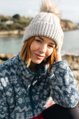 Weird Fish Allerton Cable Knit Bobble Hat in Light Grey
