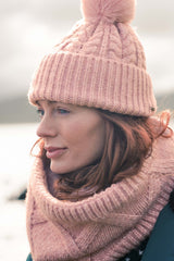 Weird Fish Allerton Cable Knit Bobble Hat in Rose Quartz
