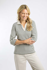 Weird Fish Thora Striped Jersey Polo Top in Fir Green