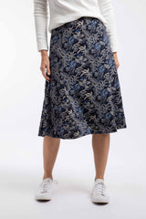 Weird Fish Romaro Printed Jersey Midi Skirt in Night Blue