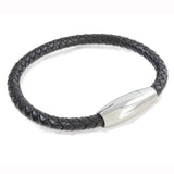 Black Leather and Stainless Steel Bracelet Oval Magnet Clasp 21cm by Dalaco