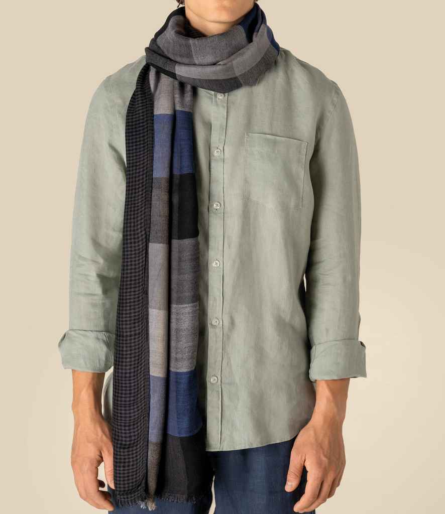 Spasso Blue Patchwork/Check Reversible Scarf SP143 - Blue Patch/Blue Check