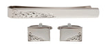 Engraved Leaf Design Cufflink and Tie Slide Set in Rhodium Plate by Dalaco
