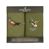Pheasant & Duck Embroidered Green Cotton Handkerchiefs by Dalaco
