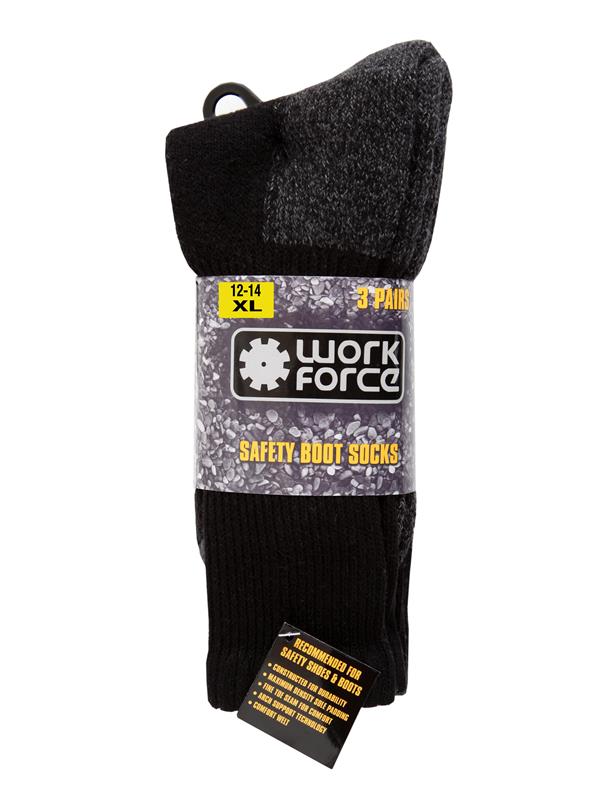 Work Force XL H/Duty Safety Boot 3 Pack Sock - Black - 12/14 WFH0093